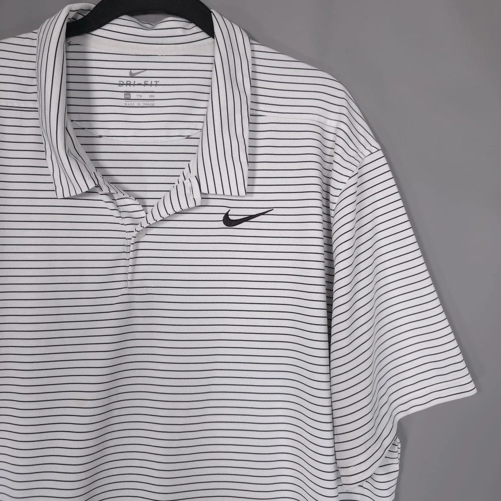 Nike Dri-FIT Polo Shirt‎ Men's 2XL White Black Striped Performance AJ5482 Swoosh